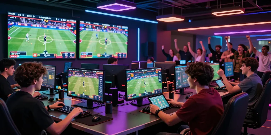 Engaging online betting atmosphere at F168COM with players using devices to place sports bets.