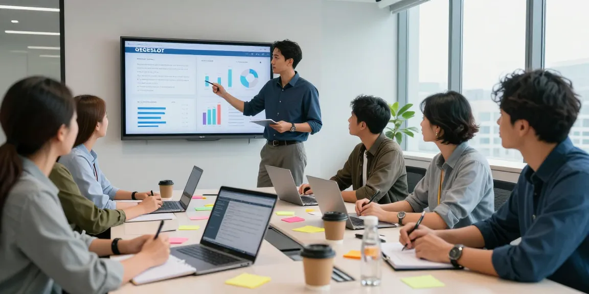 Tim profesional mendiskusikan strategi GEGESLOT dengan analitik di layar presentasi.