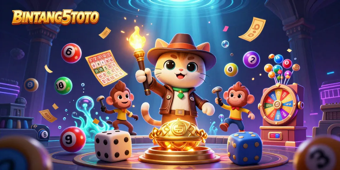 BINTANG5TOTO brings action to life with an explorer cat and monkey amidst casino artifacts and games.