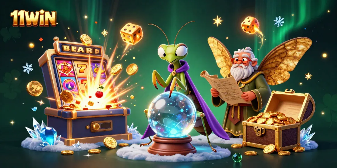 Spin to win at 11WIN with a vibrant casino-themed magical illustration.