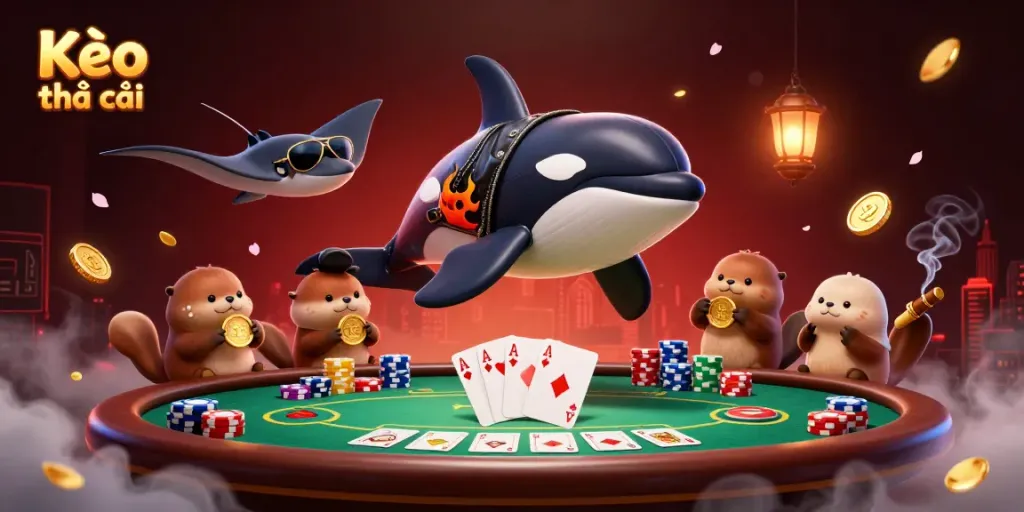 Engage with Kèo nhà cái featuring a thrilling scene with an orca, stingray, otters, and poker elements.