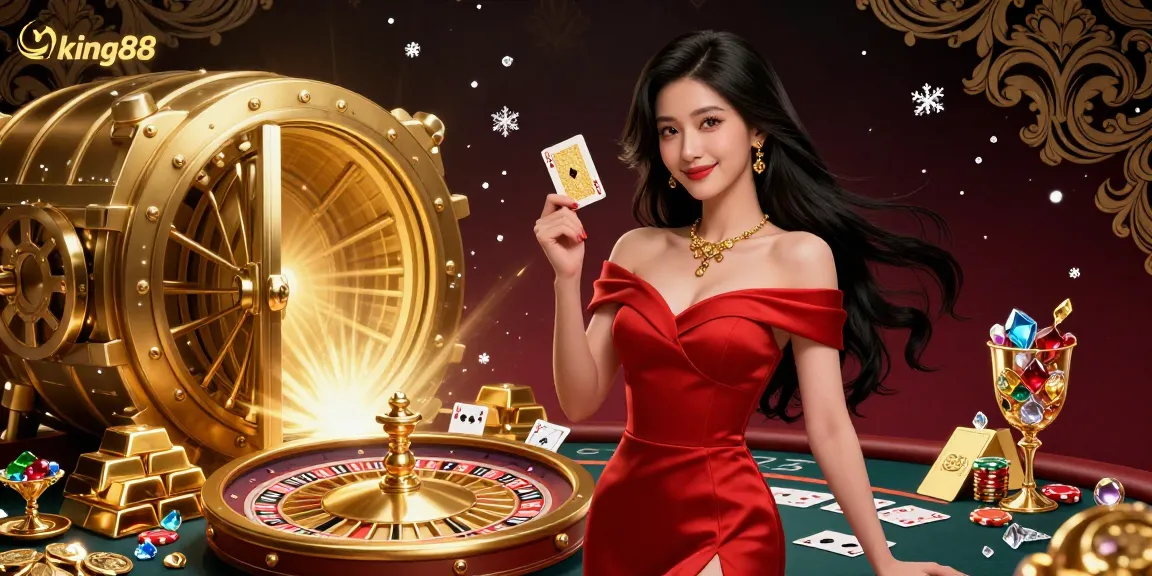 Experience exhilarating gameplay at king88 with a stunning young woman celebrating at a golden roulette table amidst treasures.
