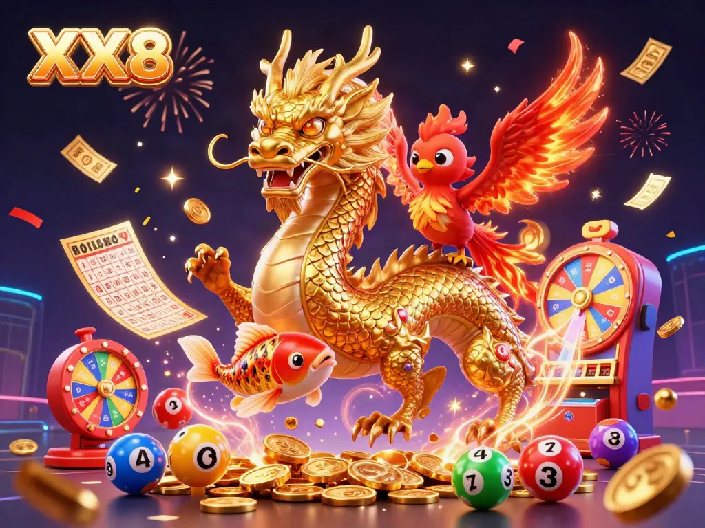 Experience the excitement of XX 8 with a dynamic scene featuring a dragon, phoenix, and koi fish amidst colorful casino elements.