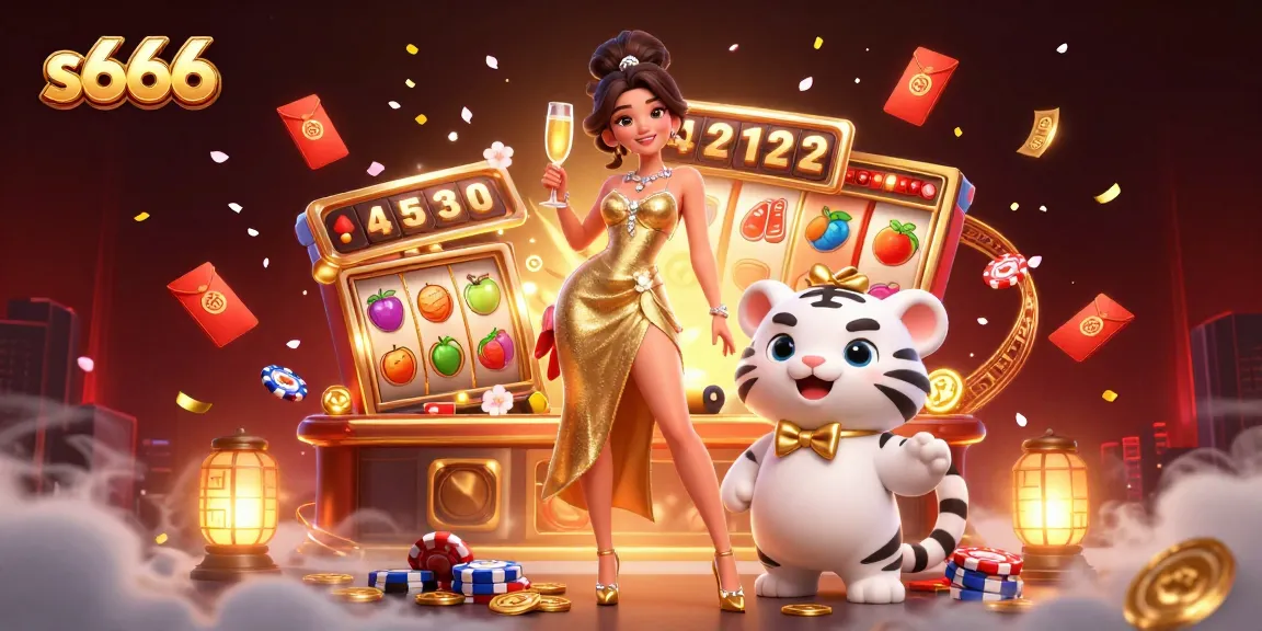 Win big at s666 with a glamorous atmosphere full of slots, poker chips, and festive elements.