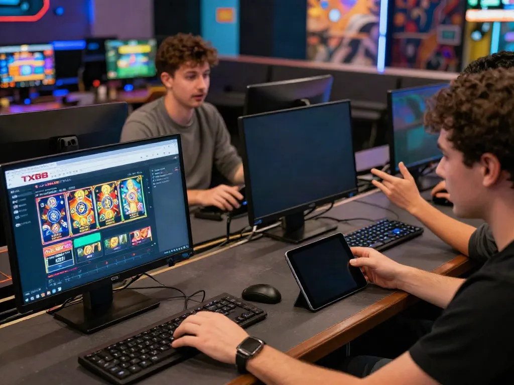 Players enjoying interactive online gambling on TX88 platform in a lively gaming lounge.