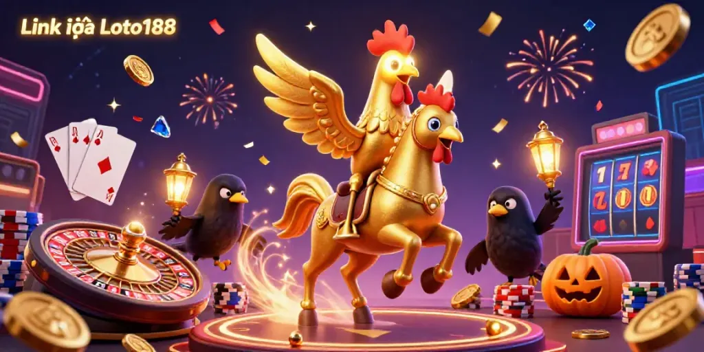 Engage with Link vào Loto188 through a festive illustration of a golden rooster in an exciting casino scene.