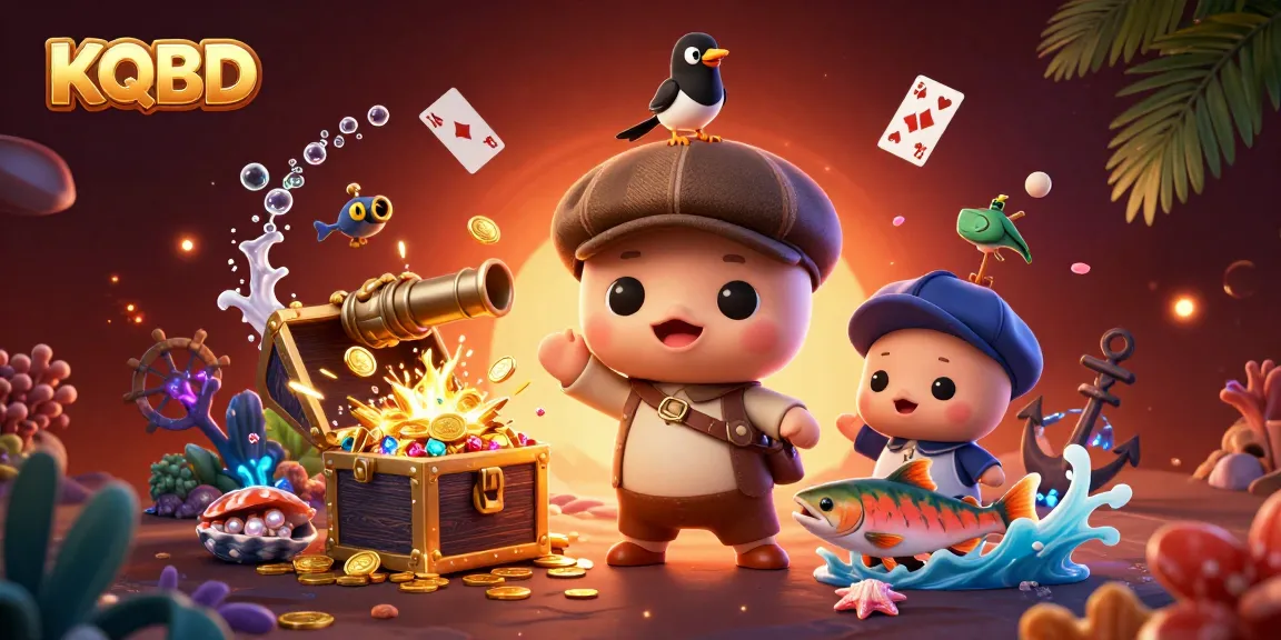 KQBD showcases playful cartoon characters in a vibrant casino-themed underwater scene filled with treasures.