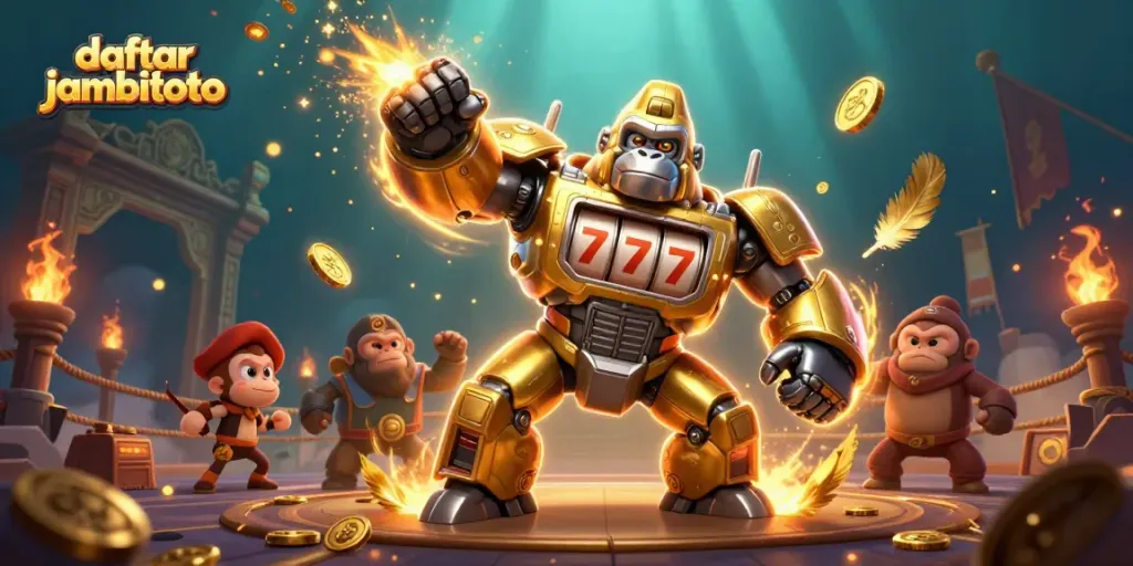 Join the action at daftar jambitoto with a vibrant, 3D illustration of a slot machine gorilla mech.
