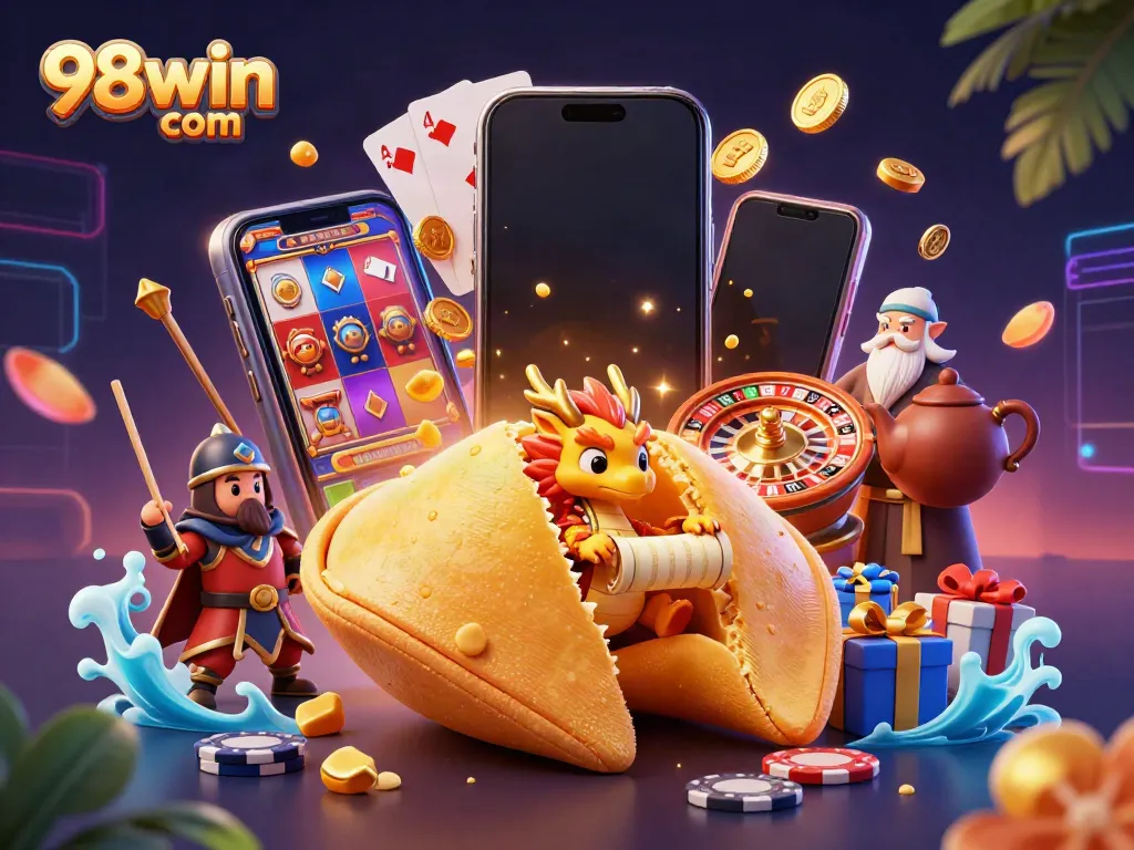 Engage with thrilling games in the vibrant 98win com casino, featuring a captivating golden fortune cookie and dynamic slot action.