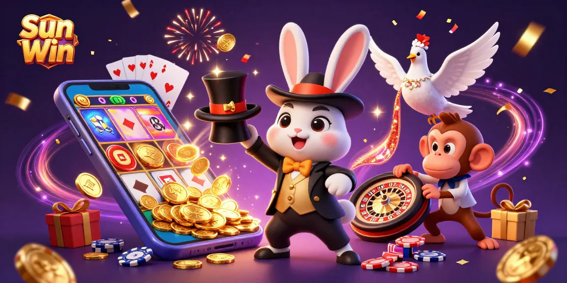 Experience Sun Win's magic with a rabbit, dove, and monkey in a vibrant casino scene.