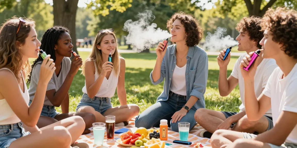 Group of young adults enjoying top disposable vapes in USA at a sunny park picnic.