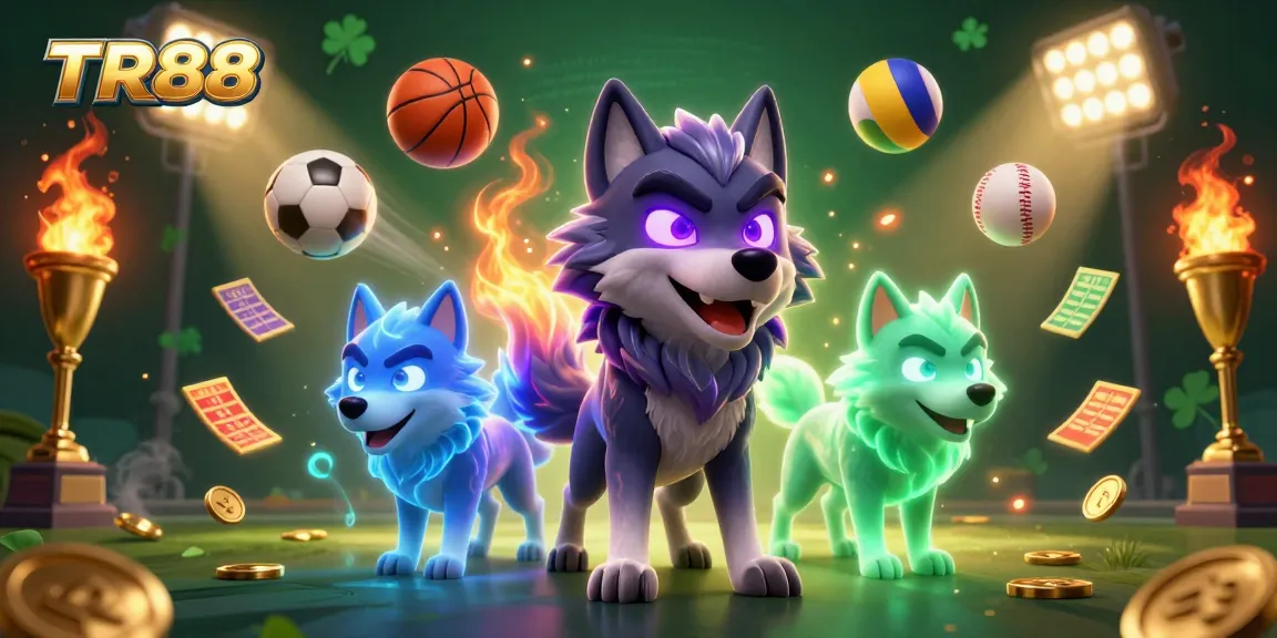 Unleash your luck with TR88's vibrant casino scene featuring glowing wolves and dynamic sports elements.