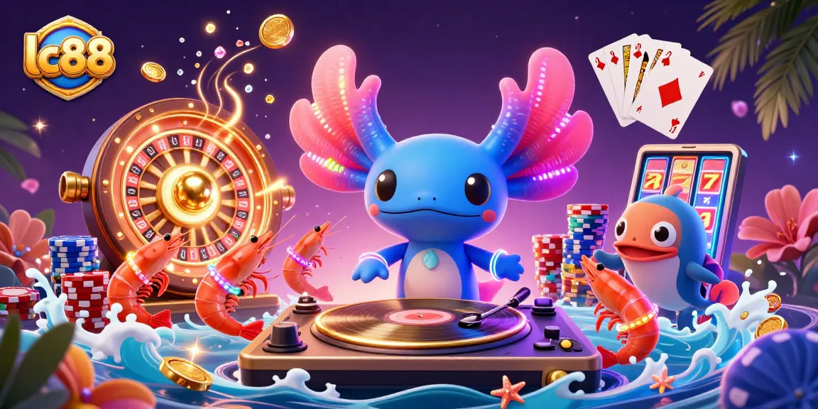 Join the lively gaming at lc88 with an energetic axolotl DJ spinning records amidst dazzling coins and cards!