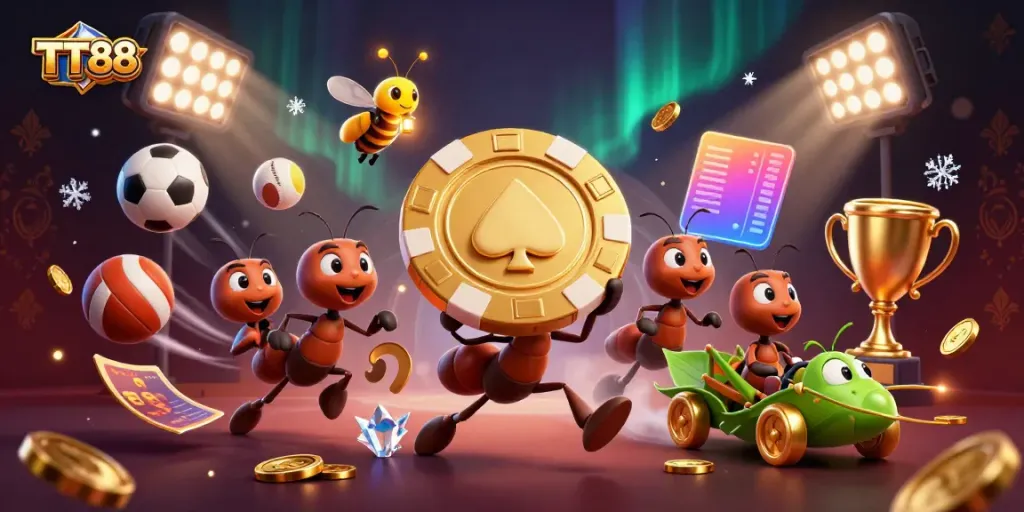 Engage in the excitement with TT88's golden poker chip heist, dynamic sports elements, and enchanting ant characters.