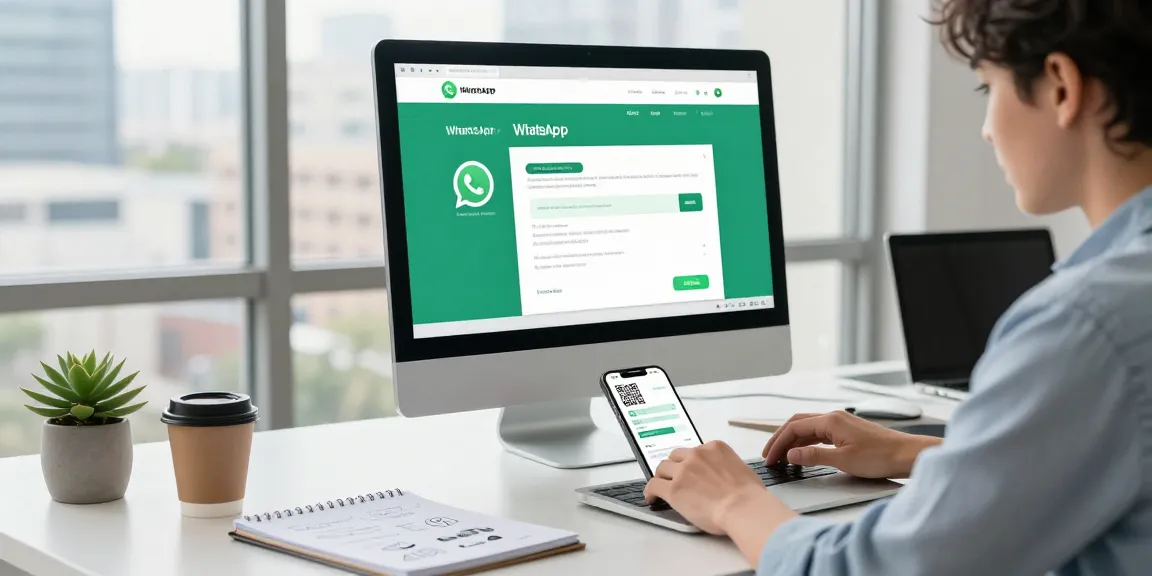 Professional using WhatsApp網頁版 on a modern workspace with desk and laptop.