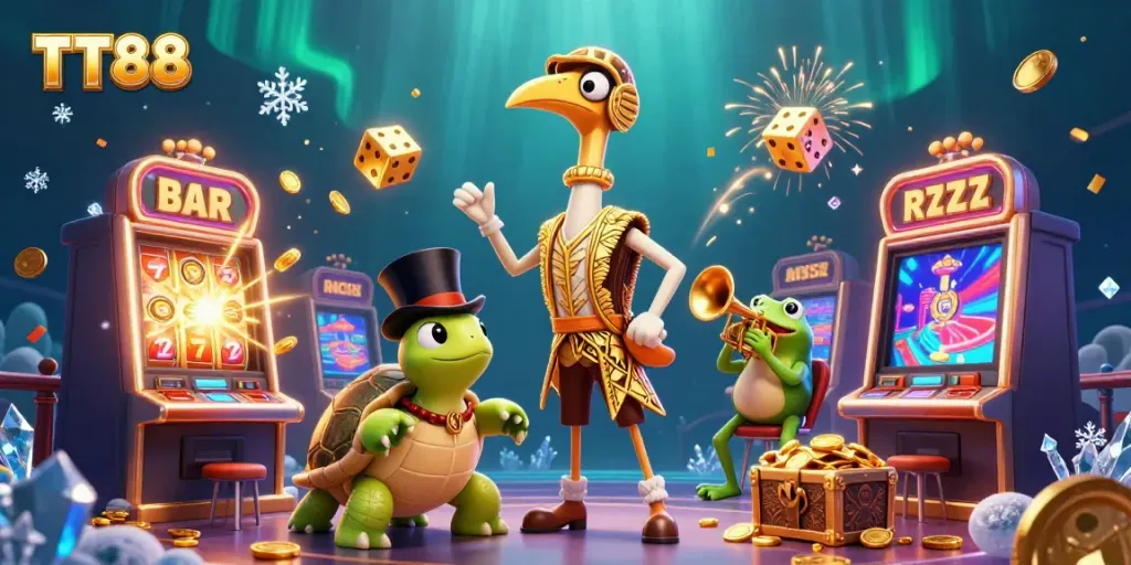 Experience the excitement at TT88 with dynamic characters and jackpot slots in a vibrant casino scene.