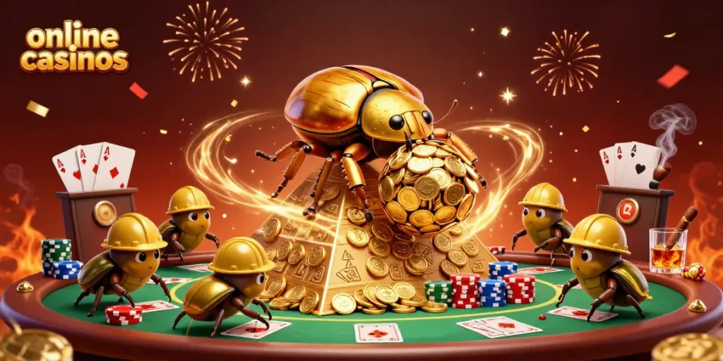 Experience online casinos with a vibrant 3D cartoon beetle scene celebrating wins.