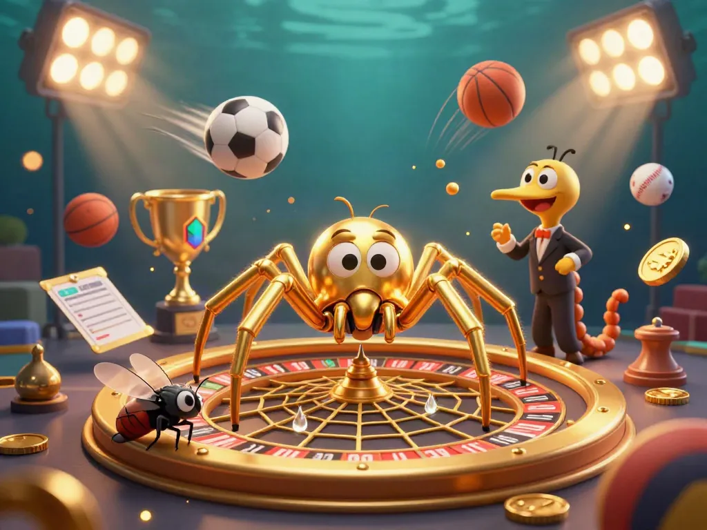 Experience the thrill of V79 with a dynamic casino scene showcasing a golden spider and vibrant sports elements.