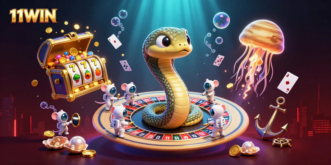 Experience thrilling gaming action with 11WIN's vibrant cosmic roulette scene featuring animated roulette elements.