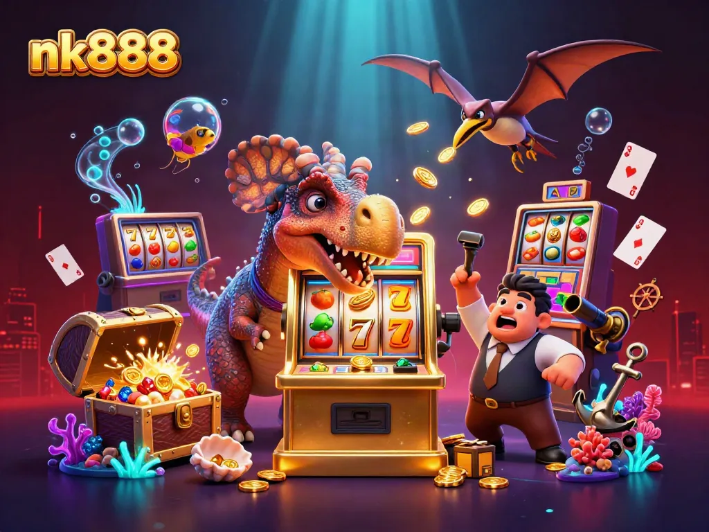 Win big with nk888 at a vibrant casino scene featuring cartoon dinosaurs, golden coins, and lively slot machines.