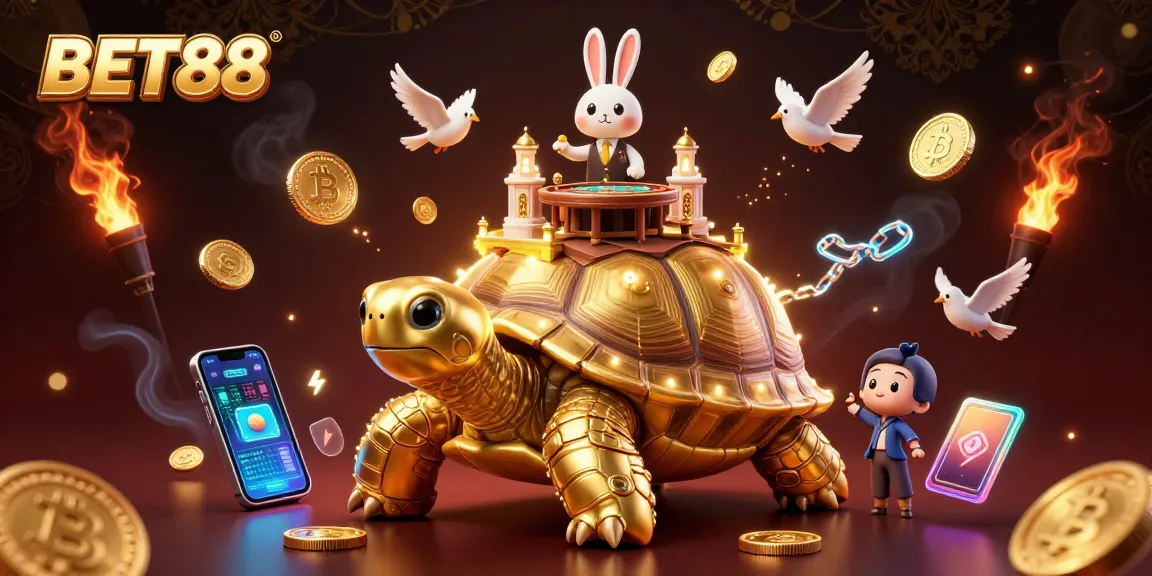 Experience the thrill of BET88 with a golden tortoise casino and vibrant characters.