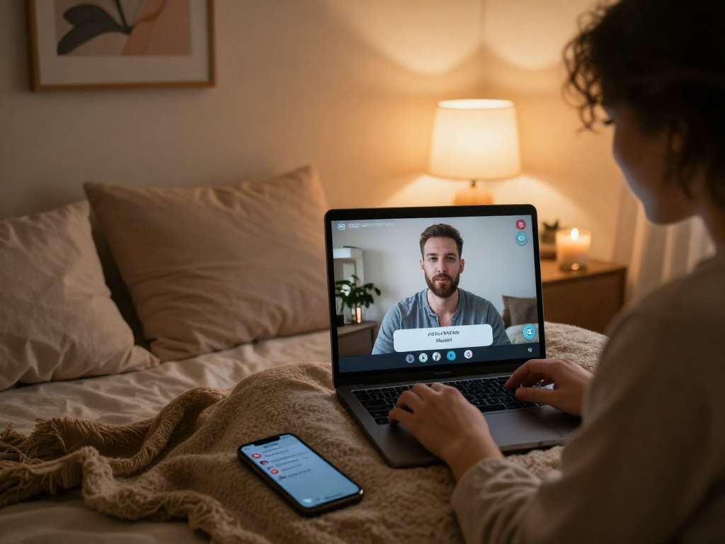 Engaging in a sex ai chat in a cozy room with warm lighting.