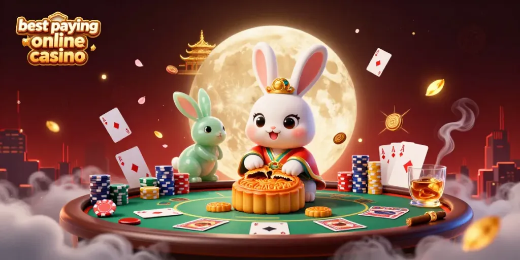 Engage in casino fun with the best paying online casino, showcasing a mystical scene of a moon rabbit revealing poker chips.