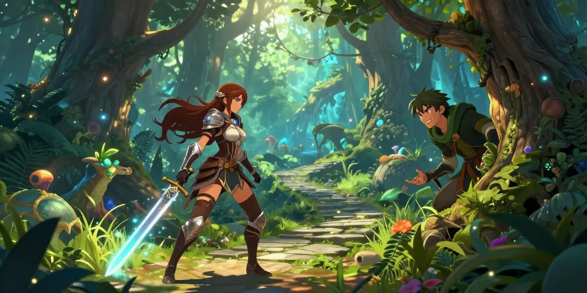 Explore vibrant fantasy in a captivating hentai game scene with warrior and rogue characters.