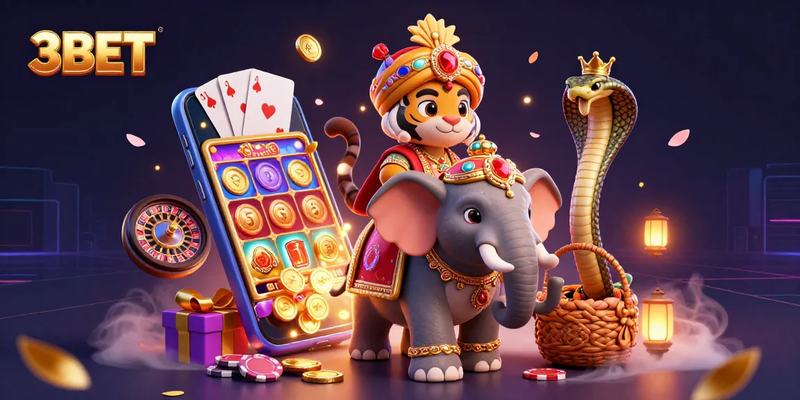 Engage in thrill with 3BET featuring a cartoon tiger and elephant showcasing vibrant casino elements.