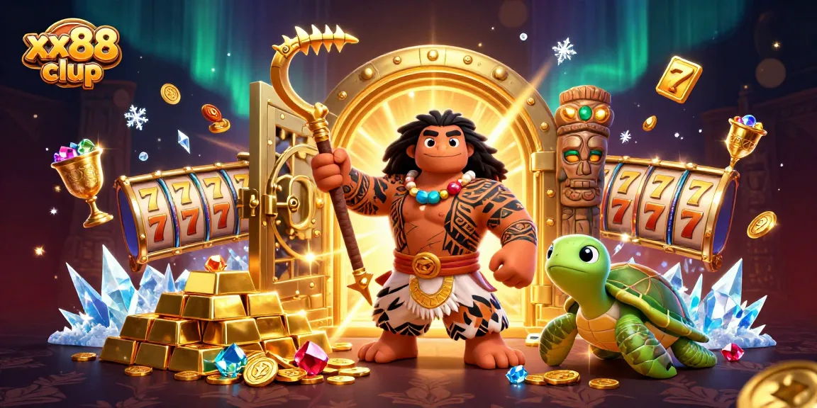 Spin and win big with xx88 clup, featuring vibrant 3D characters and treasures in a dynamic casino scene.
