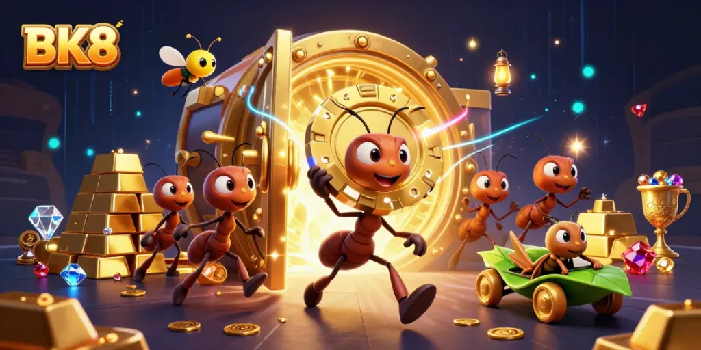 BK8 ants carry a golden poker chip in a dynamic, exciting casino heist scene.