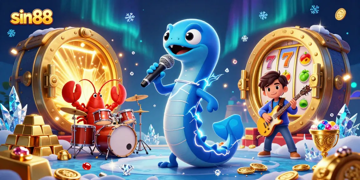 sin88 features a vibrant underwater casino scene with an electric eel DJ and treasure elements, embodying excitement.
