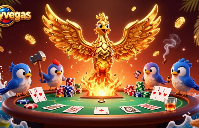 Engage with the thrill of crazyvegas as the golden phoenix rises from a poker game scene.
