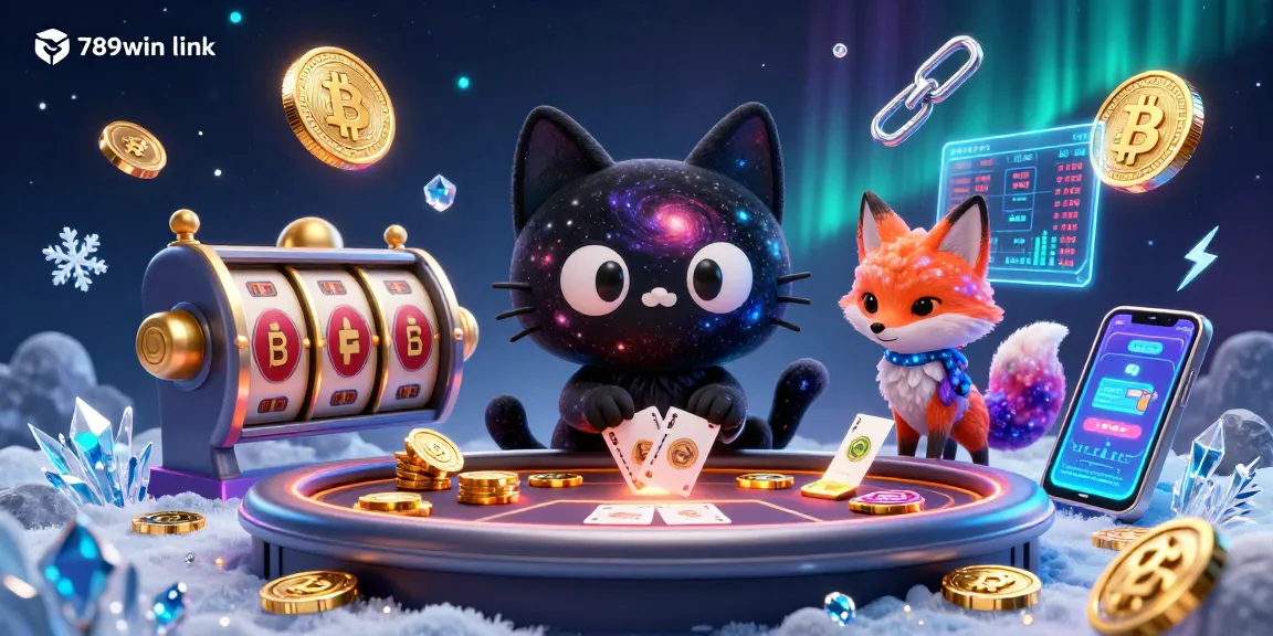 Play and win with the vibrant 789win link in a dynamic casino illustration featuring an engaging black hole cat and colorful gas fox.