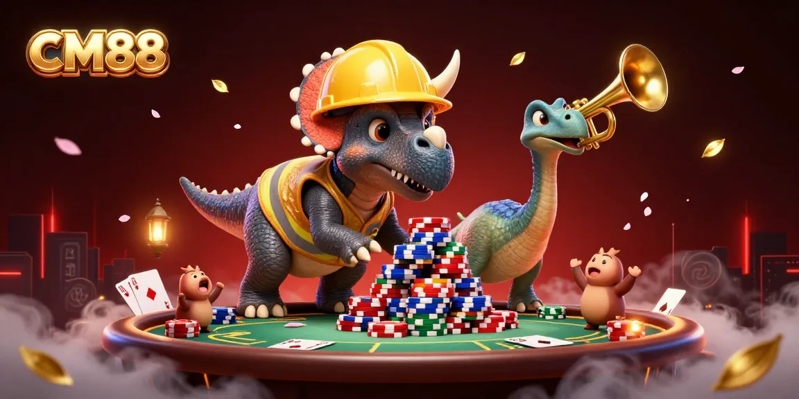 Experience the excitement of CM88 in a vibrant casino-themed scene filled with poker chips and celebrating creatures.