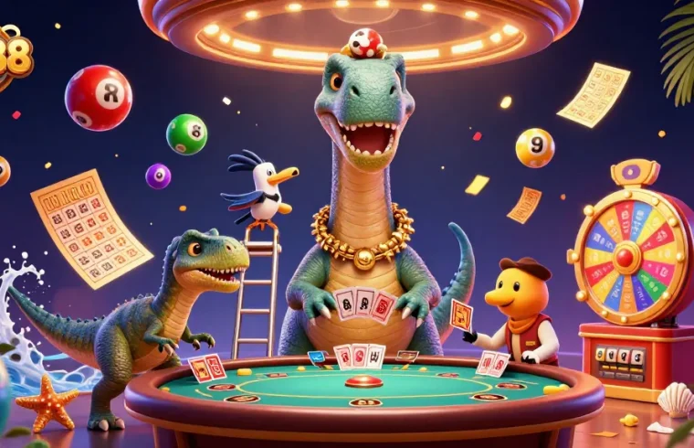 Experience the excitement of NK88 with a thrilling 3D casino illustration featuring unique characters and vibrant gambling elements.