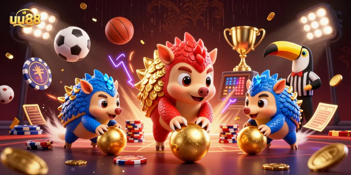 Experience thrilling action with uu88 in a dynamic 3D illustration of betting pangolins and casino elements.