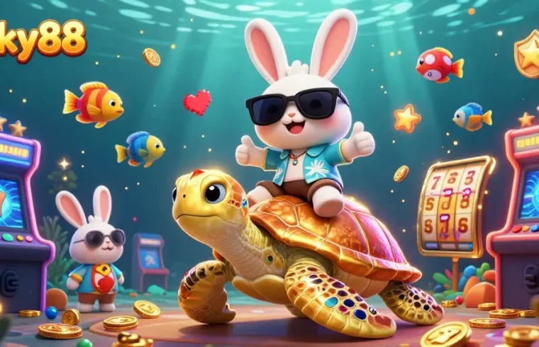 Play slots with lucky88 as a cartoon rabbit and sea turtle create a festive casino scene.