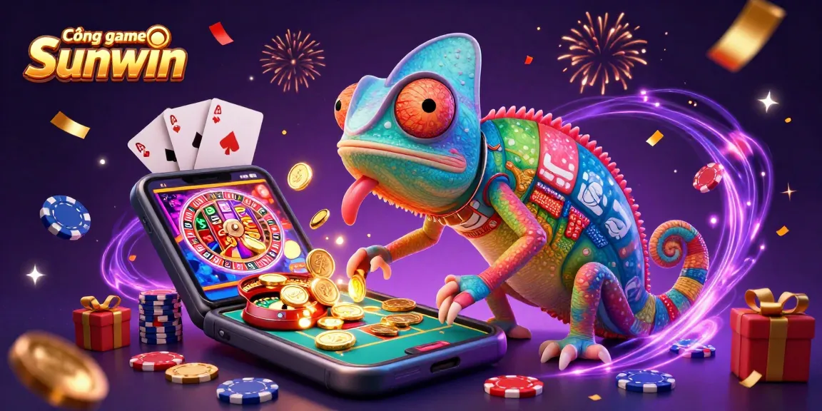 Cổng game Sunwin showcases vibrant casino action with an animated chameleon and dazzling game elements.