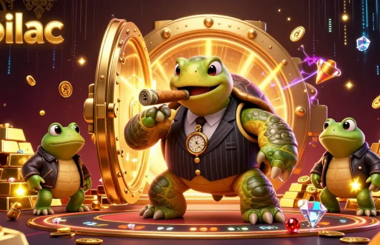 Engage with xoilac's vibrant casino scene featuring a snapping turtle and bullfrog enforcers in a treasure-filled atmosphere.