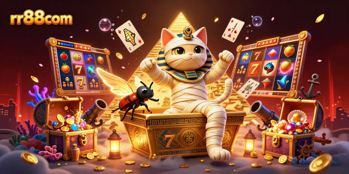 Experience exciting casino gameplay with the stunning rr88com mummy cat illustration showcasing vibrant slots and treasures.