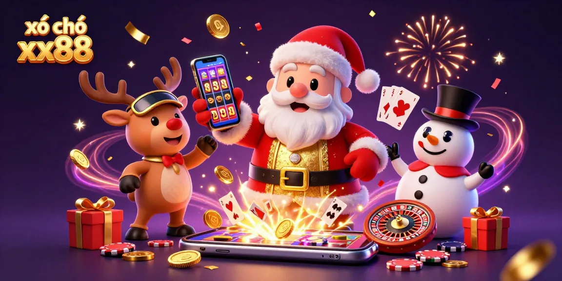 Experience the excitement of xổ số xx88 with festive characters in a vibrant casino scene featuring games and surprises.