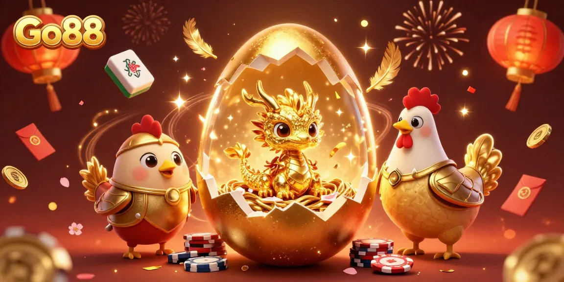 Join the excitement at Go88 with a golden baby dragon amidst poker chips and festive elements.