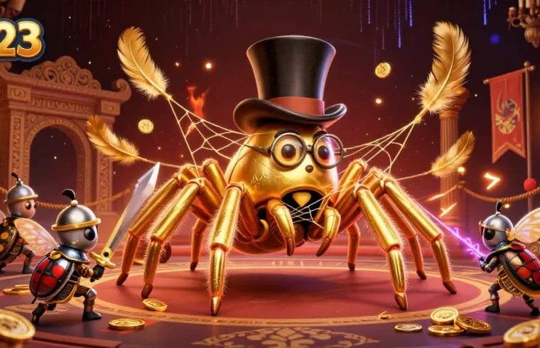 Engage with 6623's vibrant casino scene featuring a golden tarantula and knight in action.