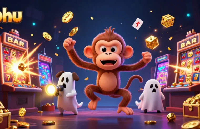 Engage with exciting nohu jackpots and rewards in this vibrant casino scene featuring lively characters.