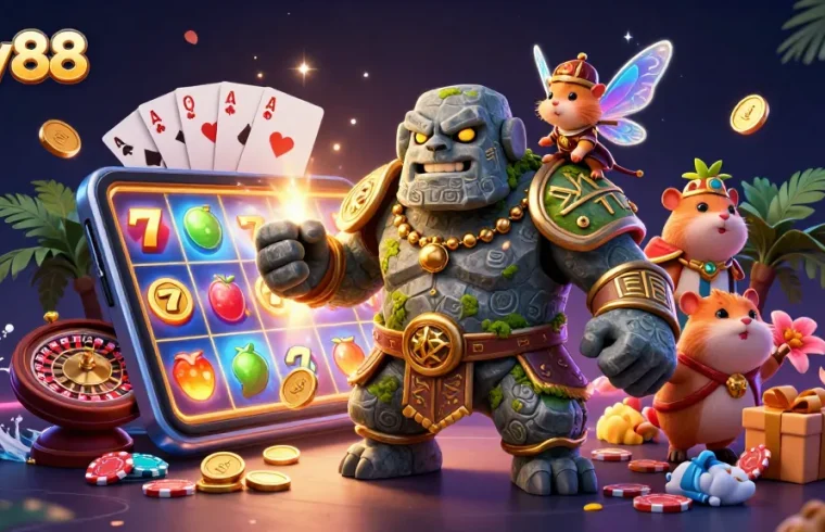 Experience vibrant gaming excitement with sky88 in this lush 3D casino illustration.