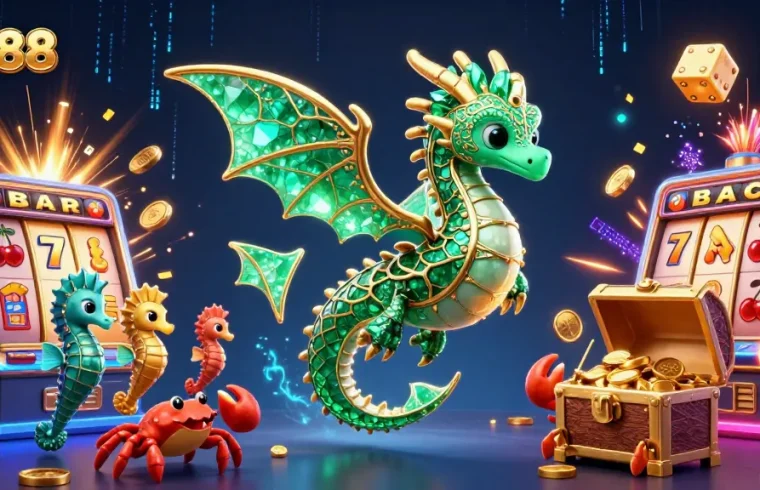 Win big with GK88 at a vibrant casino, featuring a magical sea dragon and slot machine.