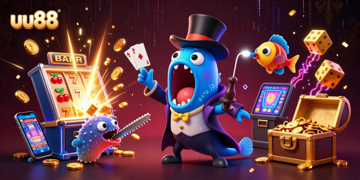 Engage with uu88's vibrant gambling scene featuring a magical performance of cards, coins, and excitement.
