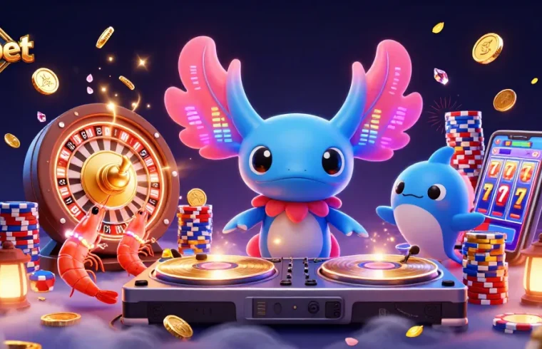 Debet showcases a vibrant 3D casino-themed scene with an axolotl DJ spinning and coins cascading.