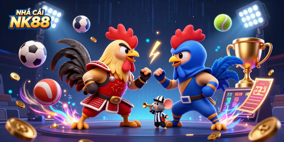 Engage in exciting gameplay at NHÀ CÁI NK88 with cartoon fighting roosters showcasing dynamic sports betting elements.